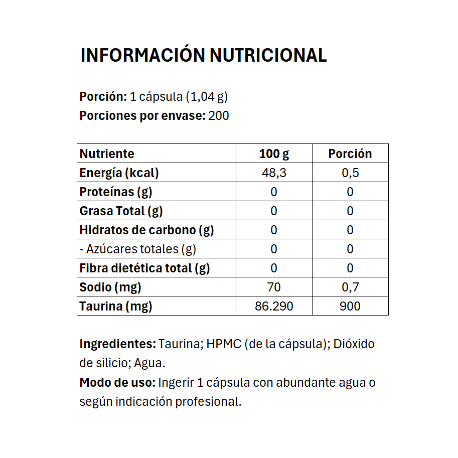 TAURINE 900 MG - 200 Cápsulas FNL